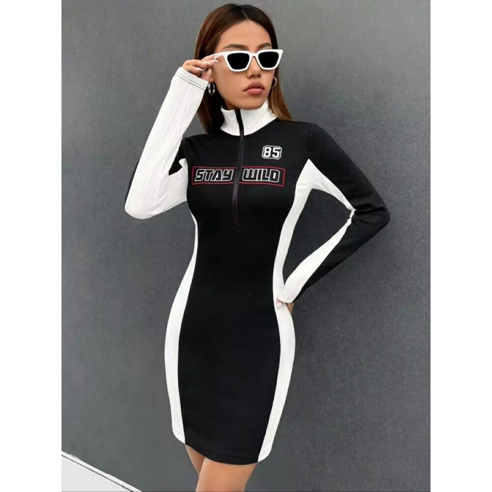 SHEIN Coolane Bikercore Letter Graphic Colorblock1/4 Zip Bodycon Dress ZZZ Sz L